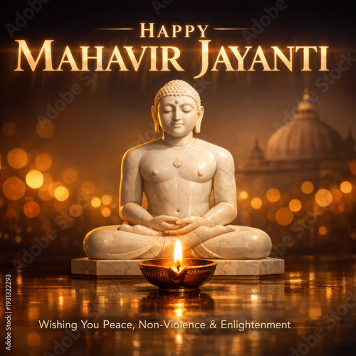 Serene Buddha statue with lit diya and bokeh lights for Mahavir Jayanti meditation