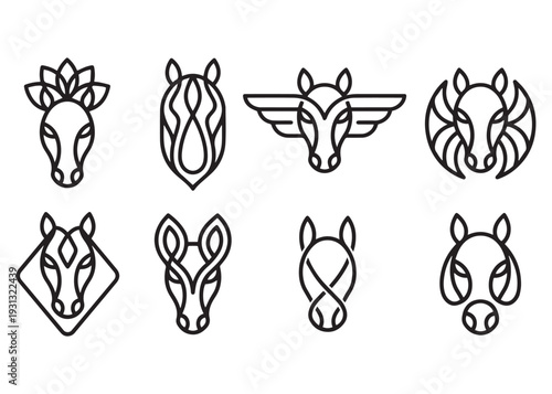 Collection of abstract stylized horse heads modern line art logos and icons