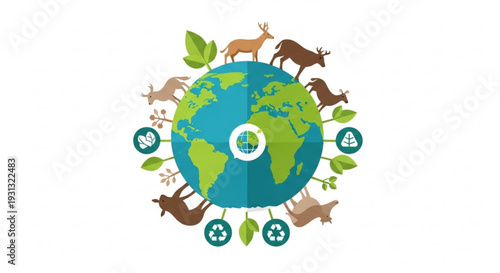 Earth surrounded by animals and eco friendly symbols representing environmental conservation and sustainability