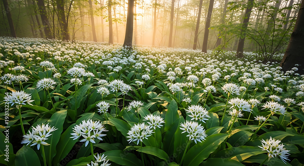 Fototapeta premium Misty Forest with Sun Rays and Wild Garlic Flowers White Blooms Spring Woodland
