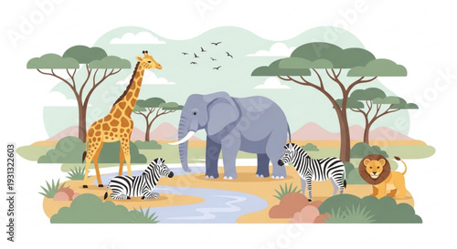 Wildlife scene with giraffe elephant zebras and lion by a watering hole in savannah with trees and flying birds