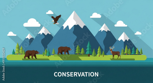 Wildlife conservation concept with animals and mountain landscape