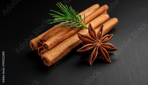 Cinnamon Sticks And Star Anise With Pine On Black Background For Culinary And Baking Designs