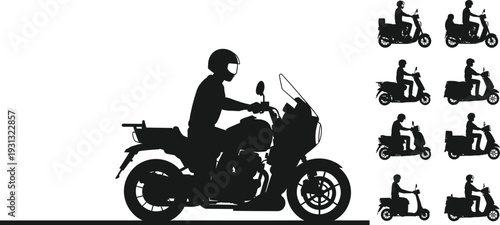 Motorcycle and scooter silhouette set, rider positions, touring bike with helmet, urban transport icons, mobility, travel, vehicle design illustration
