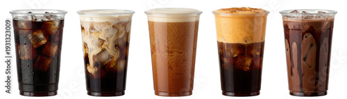 iced cold brew coffees with milk swirls and cream foam in plastic cups, isolated cutout