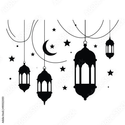 Islamic lanterns and stars hanging in the night sky with crescent moon  a festive Ramadan decoration