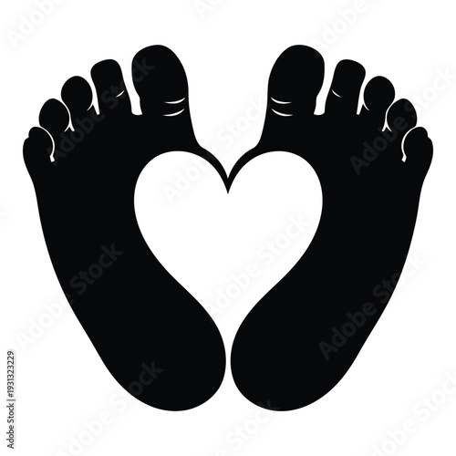 Black silhouette of feet forming a heart shape with toes and heels together isolated on white background