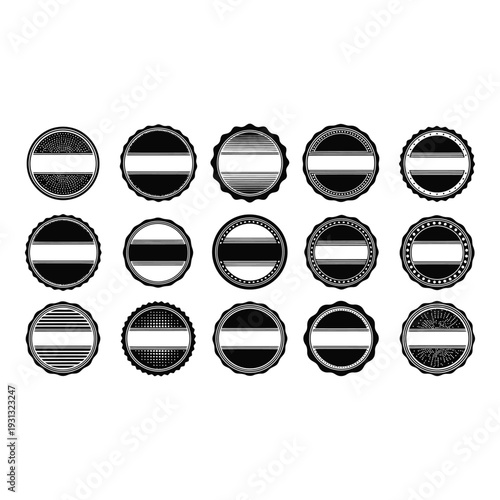 Set of black and white bottle cap labels with horizontal lines and various patterns  isolated on white background