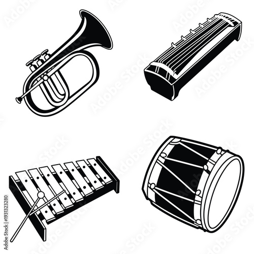 Musical Instruments Assortment A diverse collection of instruments. a trumpet, koto, xylophone and drum, is artfully arranged, showcasing their unique designs and the harmony they create.