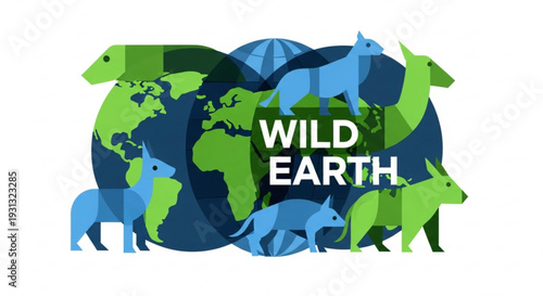 Wild animals surround earth globe with text wild earth ecology and conservation concept