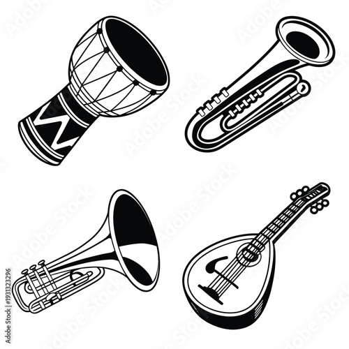 Musical Instruments Collection A collection of four musical instruments: a drum, a trumpet, a tuba, and a mandolin, presented in a clean and appealing graphic style.