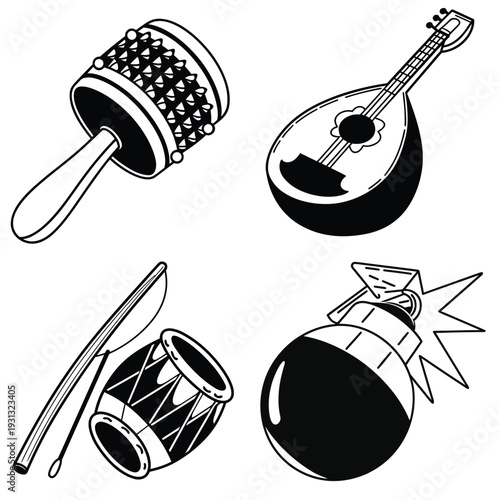 Musical Instruments A set of four different musical instruments in black and white, highlighting the details and textures of each instrument, from a maraca to a lute.