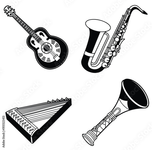 Musical Quartet An illustrated ensemble of musical instruments, a guitar, saxophone, zither and bugle, creating a visually harmonious composition.