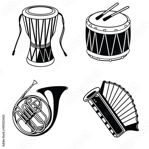 Musical Instruments A set of finely crafted musical instruments stands ready, perfect for creating enchanting melodies, designed to delight music enthusiasts.