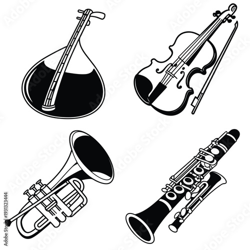 Musical Instruments A monochrome depiction showcases the elegance of musical instruments. This arrangement, presents a string instrument, along with other instruments.