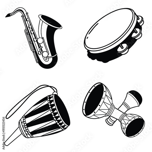 Musical Instruments A curated collection of diverse musical instruments, meticulously illustrated, poised to create symphony of sound. 