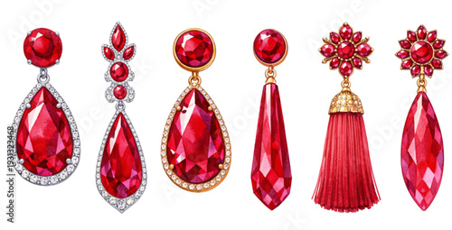 A charming watercolor collection of ruby drop earrings, including faceted pear and oval cuts.