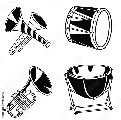 Musical Ensemble  black and white illustration presents a collection of musical instruments, evoking the essence of sound and harmony.