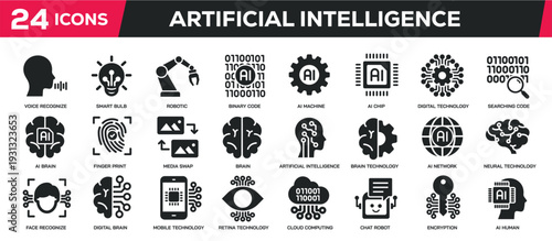 Artificial intelligence solid icons collection. Perfect pixel on transparent background. Vector illustration