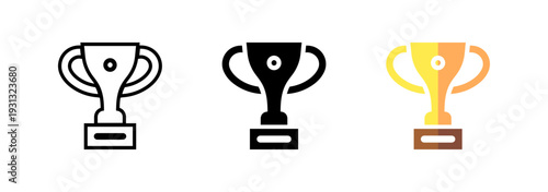 Trophy icon set with outline, solid black, and golden gradient styles, vector illustration for awards and achievements