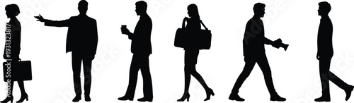 Silhouettes of business professionals in various poses, corporate attire, teamwork concept, office communication, leadership, career success, collaboration, diversity