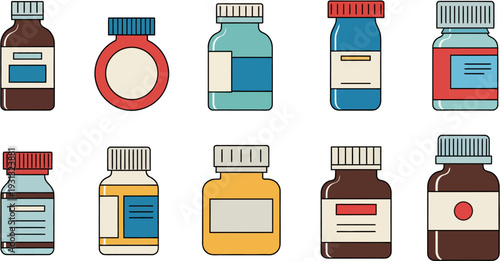 Colorful set of diverse pharmaceutical bottles and containers, depicted as clean vector icons with blank labels, ideal for illustrating concepts in medicine, healthcare, and pharmacy