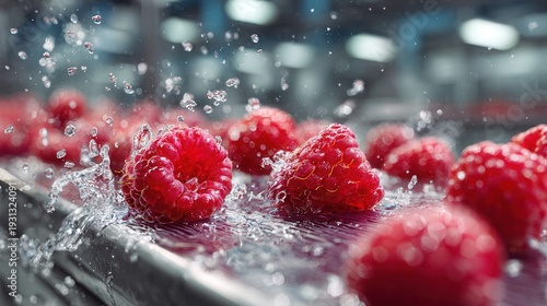 close-up of fresh red raspberries being washed on a high-tech food processing conveyor inside a modern packaging facility, water droplets and gentle splashes glistening on the fruit
