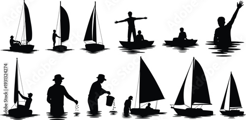 Sailing silhouette icon set, people with boats, maritime recreation, fishing, water activity, aquatic transport, leisure design, nautical illustration