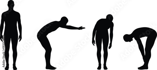 Man stretching silhouette set, standing and bending forward exercise poses isolated on white background vector illustration collection