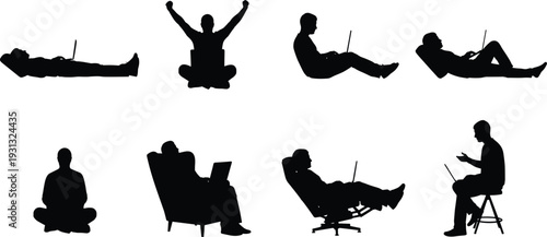 Man using laptop in different relaxing and sitting positions silhouette collection, remote work lifestyle and flexible productivity concept