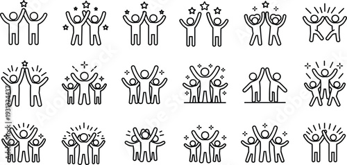 Linear People Success and Team Achievement Icon Set Featuring 18 Unique Celebratory Figures with Victory Stars for HR and Motivation Design