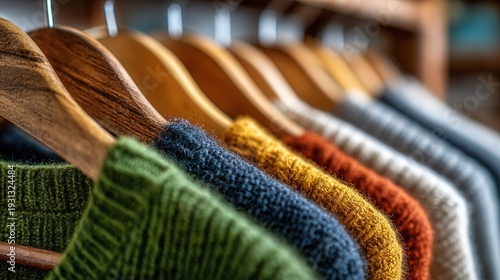 colorful shirts and cozy sweaters neatly arranged on a wooden clothing rack, soft natural light highlighting fabric textures and rich tones, shallow depth of field emphasizing folds, knit patterns