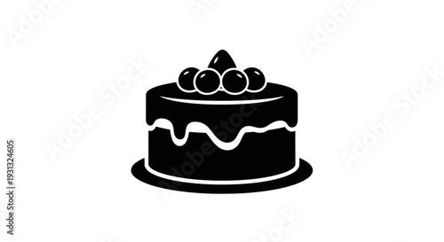 Pure silhouette of a celebratory cake, with berries and dripping frosting. Minimalist single solid color graphic icon for bakery branding, sweet menus, or festive designs