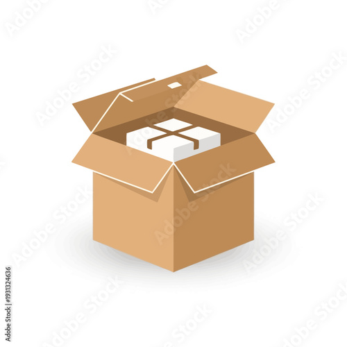 Open Cardboard Box with White Packages Inside.