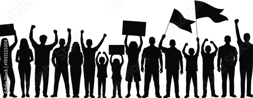 Silhouette protest crowd raising fists, holding signs, waving flags, diverse group of people united in demonstration, activism, social movement, freedom