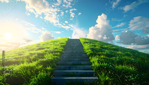 Concrete staircase leading up a green grassy hill toward a bright blue sky
