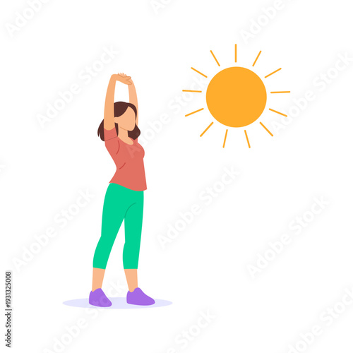 Morning Stretch, starting day with healthy movement, Flat vector character illustration