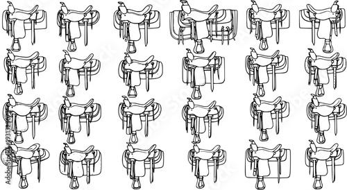 Hand-Drawn Western Horse Saddles Pattern, Black and White Line Art Sketch of Equestrian Gear, Repeating Background of Horse Tack for Rodeo, Cowboy, and Ranch Themes