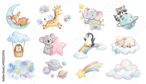Watercolor cute baby animals and space clipart set with moon, stars, planets. Collection of Vector illustrations. Perfect for invitation, card, poster, banner, decoration