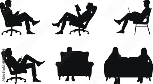 Seated people silhouette set, office chairs, lounge chair, couch, reading, laptop, tablet, social interaction, ergonomic posture, furniture icons