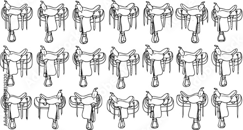 Hand-Drawn Horse Saddles Pattern. Black and White Sketch Art Background for Western and Equestrian Themes.