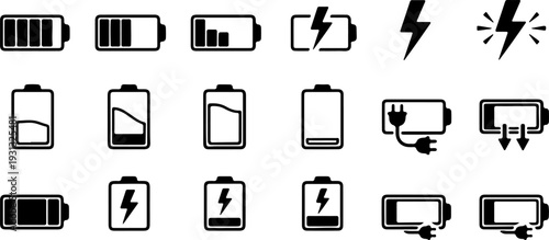 Battery charge level indicators showing various power statuses from full to empty, including charging, low battery, and empty states, essential for UI/UX design and mobile application interfaces.