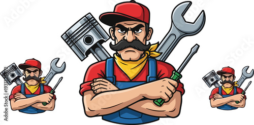 Tough mechanic character mascot with bold mustache wearing overalls and holding tools ready for engine repair work