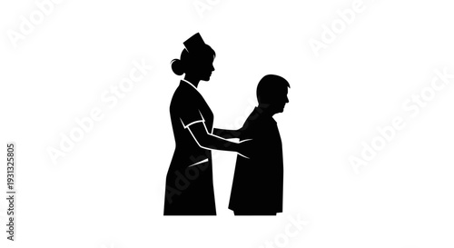Silhouette illustration of a compassionate nurse providing dedicated care and support to an elderly person, symbolizing essential healthcare assistance and the promotion of senior citizen well-being