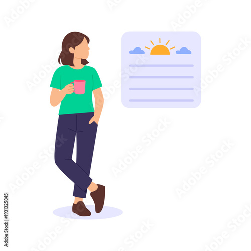 Coffee Motivation, starting day energized and focused, Flat vector character illustration