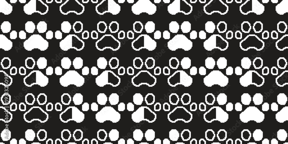 Fototapeta premium dog paw seamless pattern pixel art game retro cat footprint pet vector puppy kitten cartoon doodle gift wrapping paper repeat wallpaper tile background scarf isolated illustration design black