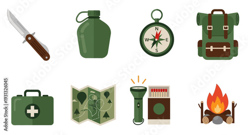 Camping gear and outdoor equipment icons.