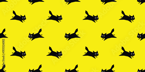 cat seamless pattern black kitten jumping running calico pet cartoon silhouette vector tile background gift wrapping paper repeat wallpaper doodle illustration isolated design yellow