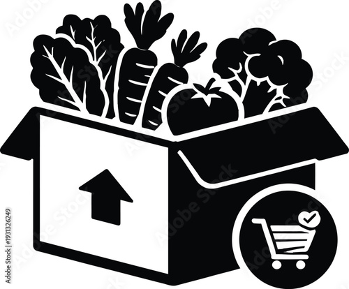 Box of fresh vegetables with shopping cart icon for online grocery shopping