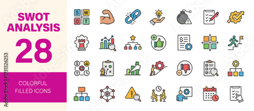 Collection of colourful filled icons representing business strategy and analysis concepts displayed on a clean white background from a straightforward viewpoint